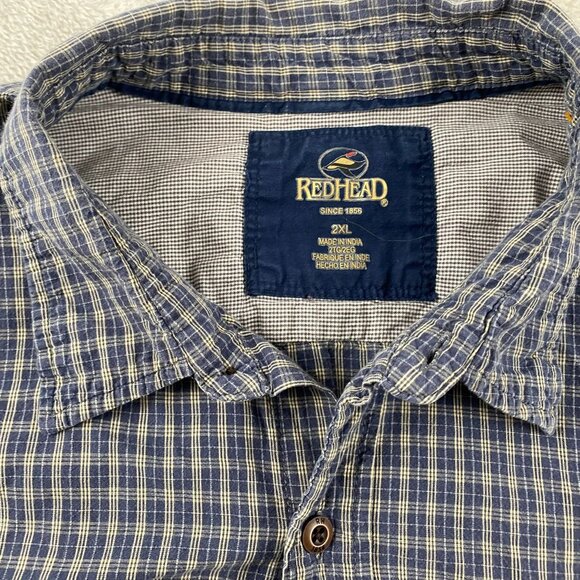 Redhead Mens Shirt 2XL Short Sleeve Plaid Button-Down Blue & White Cotton Casual - Picture 7 of 8